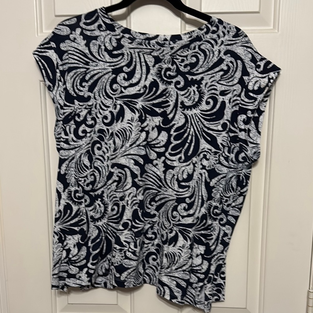 Chico's Blue and White Boxy Cap Sleeve Blouse